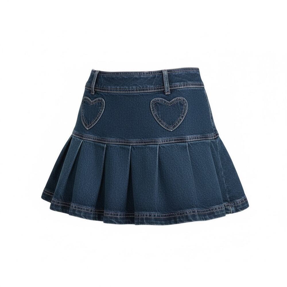 Sweet Society Women Heart Patch Pleated Blue Denim Mini Skirt Size L - NWT